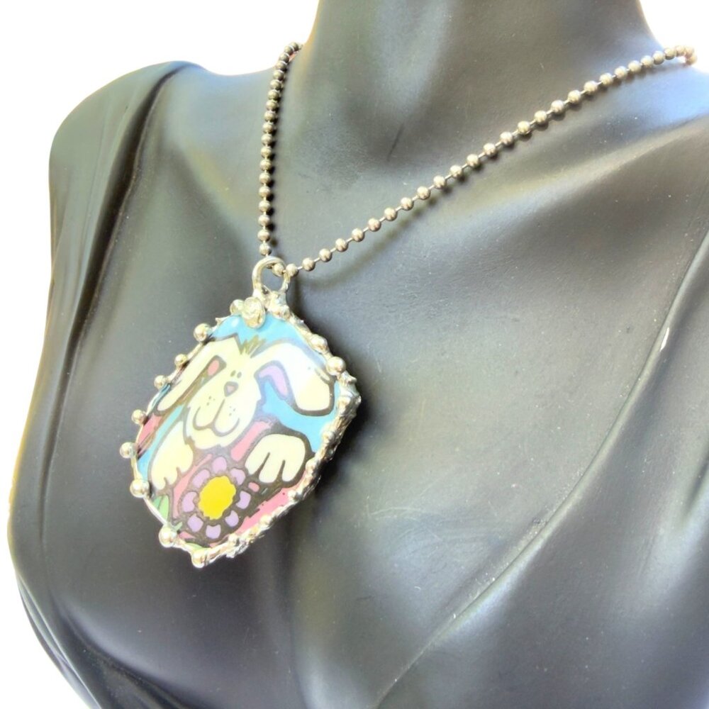 Handmade Easter Bunny Pendant With Silver-Blend Frame Made From Vintage Royal No - Picture 6 of 15
